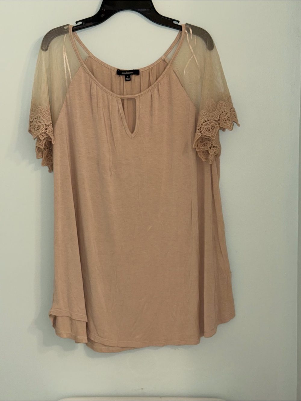 Ambiance Beige Short-Sleeve Top with Lace Trim